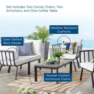 Modway Riverside Outdoor Loveseat with Coffee Table and 2 Armchairs, White