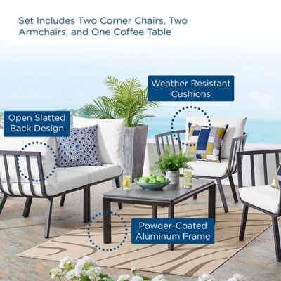 Modway Riverside Outdoor Loveseat with Coffee Table and 2 Armchairs, White