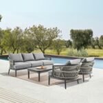 Armen Living Zella Outdoor Sofa and 2 Chairs with Coffee Table, Earl Gray