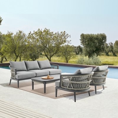 Armen Living Zella Outdoor Sofa and 2 Chairs with Coffee Table, Earl Gray