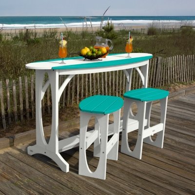 Bahia Verde Shoreline Outdoor Bar Table and 2 Bar Stools, White/Seaglass Blue
